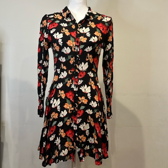 ZARA FLORAL SHIRT STYLE TUNIC DRESS - Picture 1 of 14